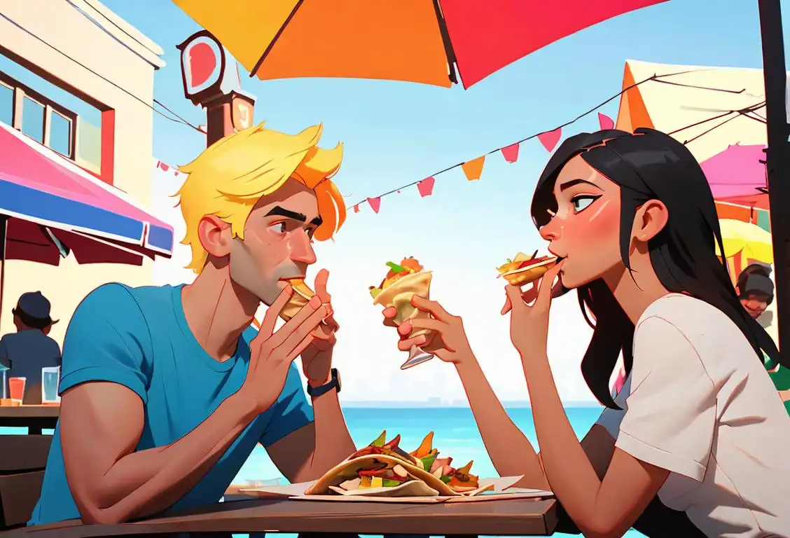 A young man and woman enjoying tacos and vodka at a trendy outdoor restaurant, dressed in vibrant summer outfits, surrounded by cheerful friends..