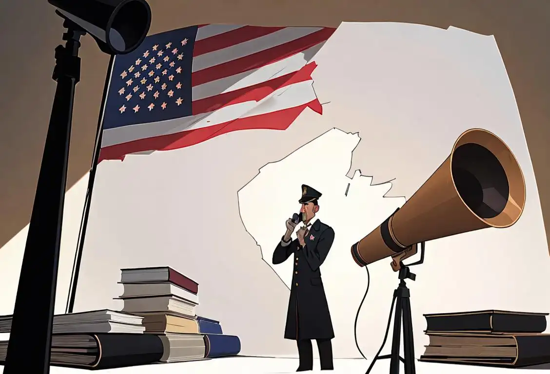 A whistleblower holding a megaphone, standing in front of a backdrop of historical documents and an American flag..