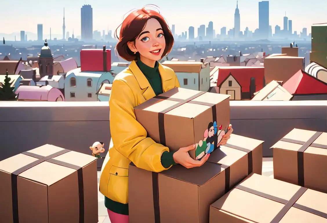 A joyful person surrounded by packages, wearing a fashionable outfit, with a whimsical cityscape in the background..