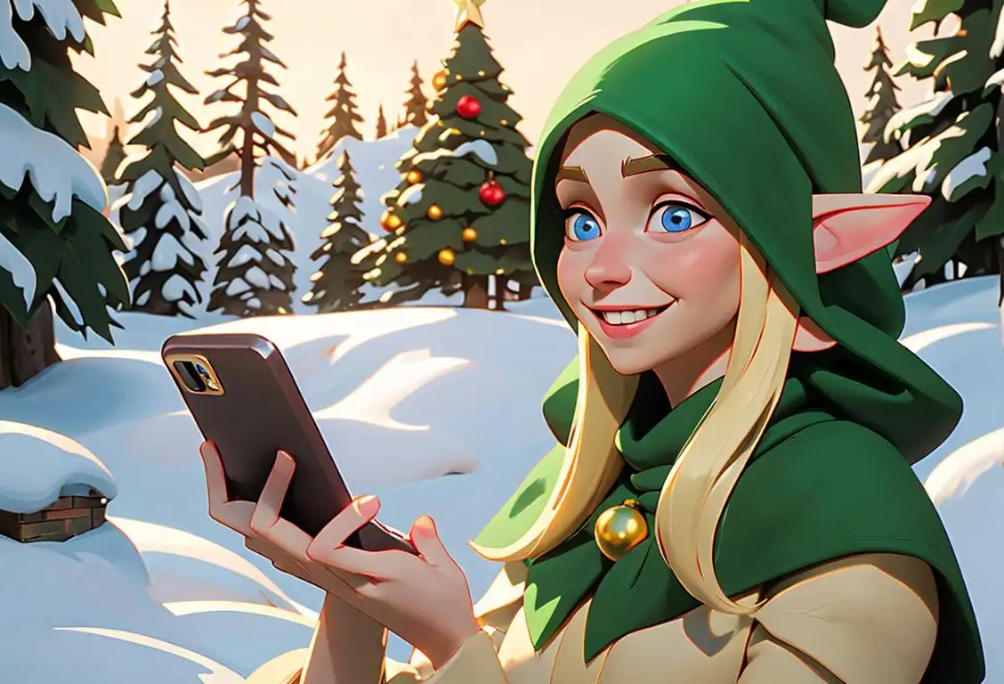 Young woman wearing an elf hat, holding a phone with a big smile, surrounded by Christmas decorations and snowy scenery..