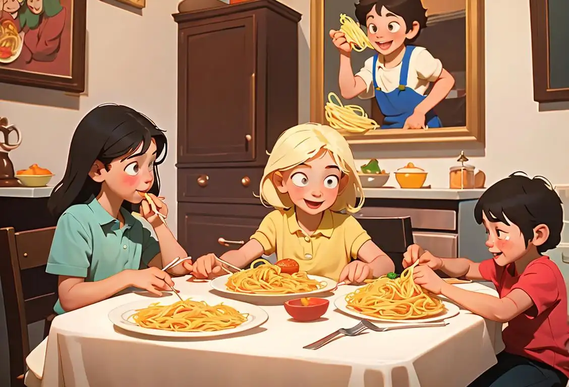 Happy children gathered around a table, enjoying a delicious plate of spaghetti, with colorful napkins and a classic Italian kitchen setting..