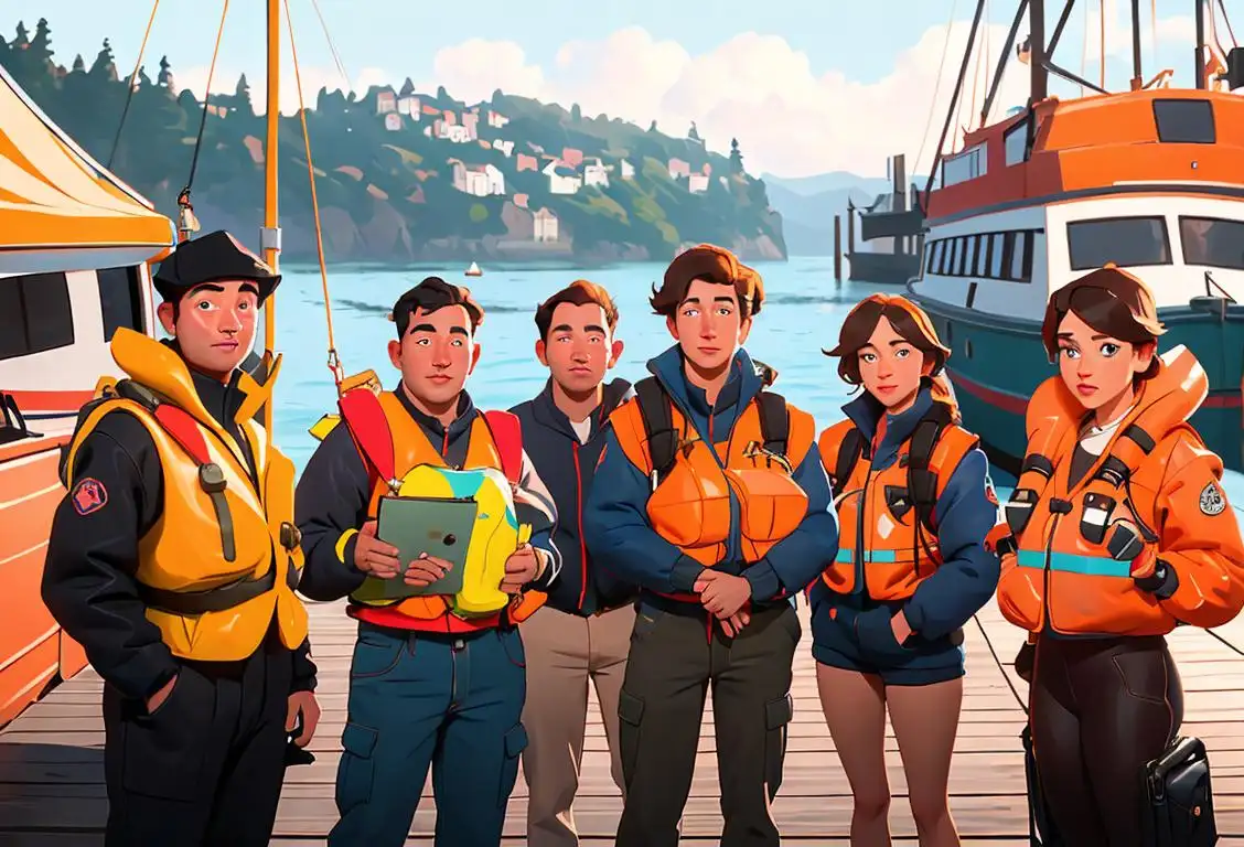 A group of people wearing colorful lifejackets, holding briefcases, and standing near a dock, exuding safety, style, and professionalism..
