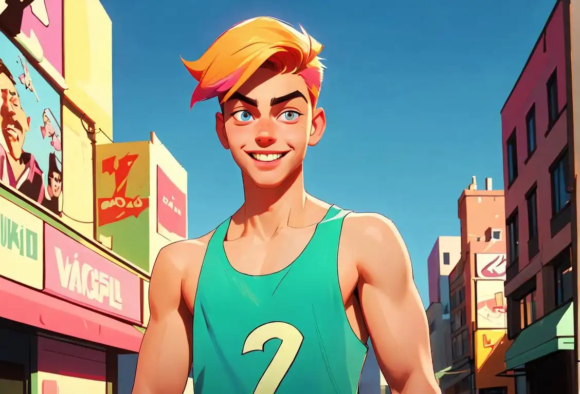 Young man with a confident smile, wearing a colorful singlet, trendy urban fashion, city backdrop..