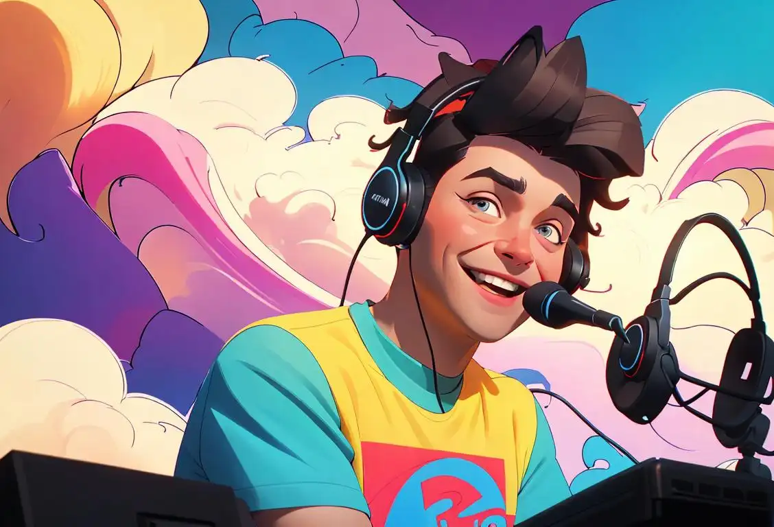 Smiling radio DJ with headphones, wearing a retro t-shirt, surrounded by microphones and colorful sound waves..
