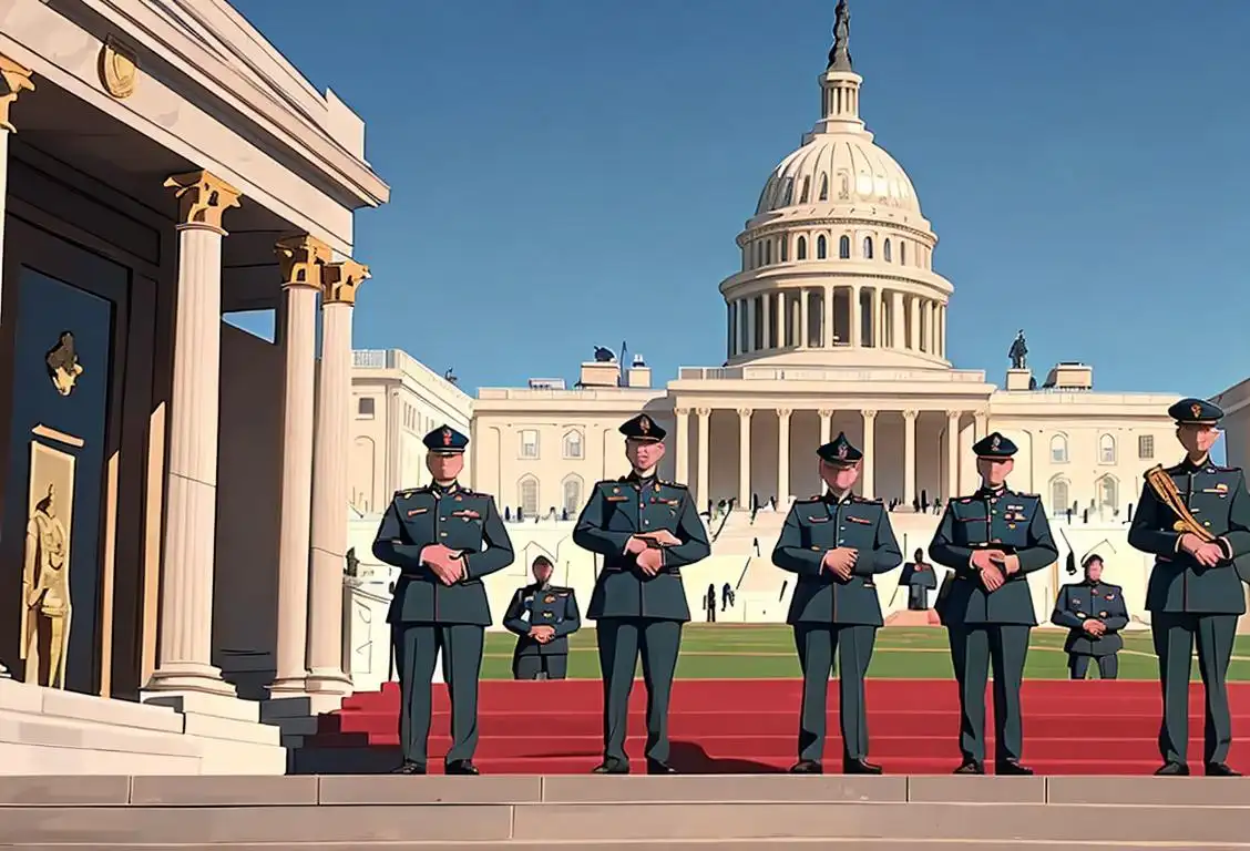 National Guard members in uniform, displaying unity and resilience, while standing in front of the US Capitol building..
