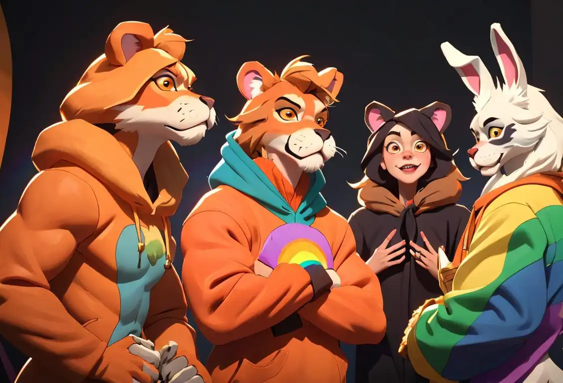 A group of individuals dressed in colorful animal costumes, representing various anthropomorphized characters, surrounded by Halloween decorations and engaged in lively conversation. One person is wearing a lion costume with rainbow-colored fur, another is sporting rabbit ears and a fox tail, and another is wearing a bear costume with a big smile. They are standing in front of a backdrop that portrays a whimsical forest scene, complete with trees, flowers, and a bright blue sky..