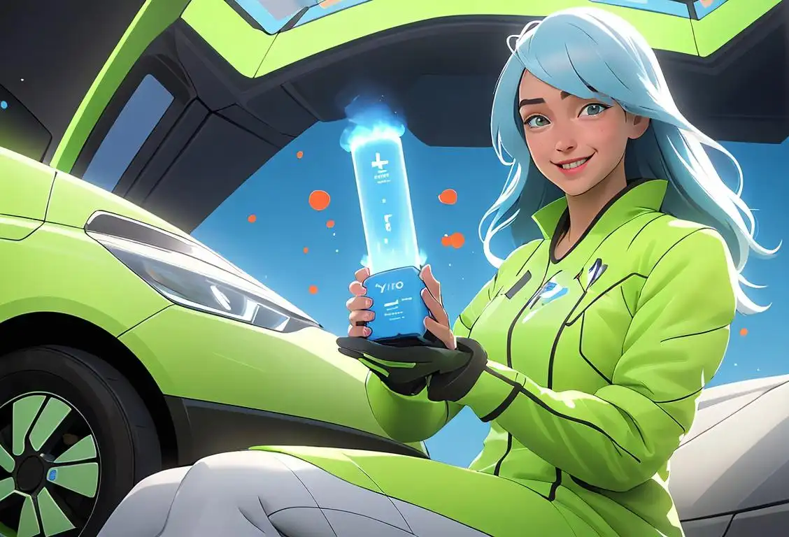 A happy person holding a hydrogen fuel cell, dressed in futuristic clothing, surrounded by a clean energy power station and green technology..