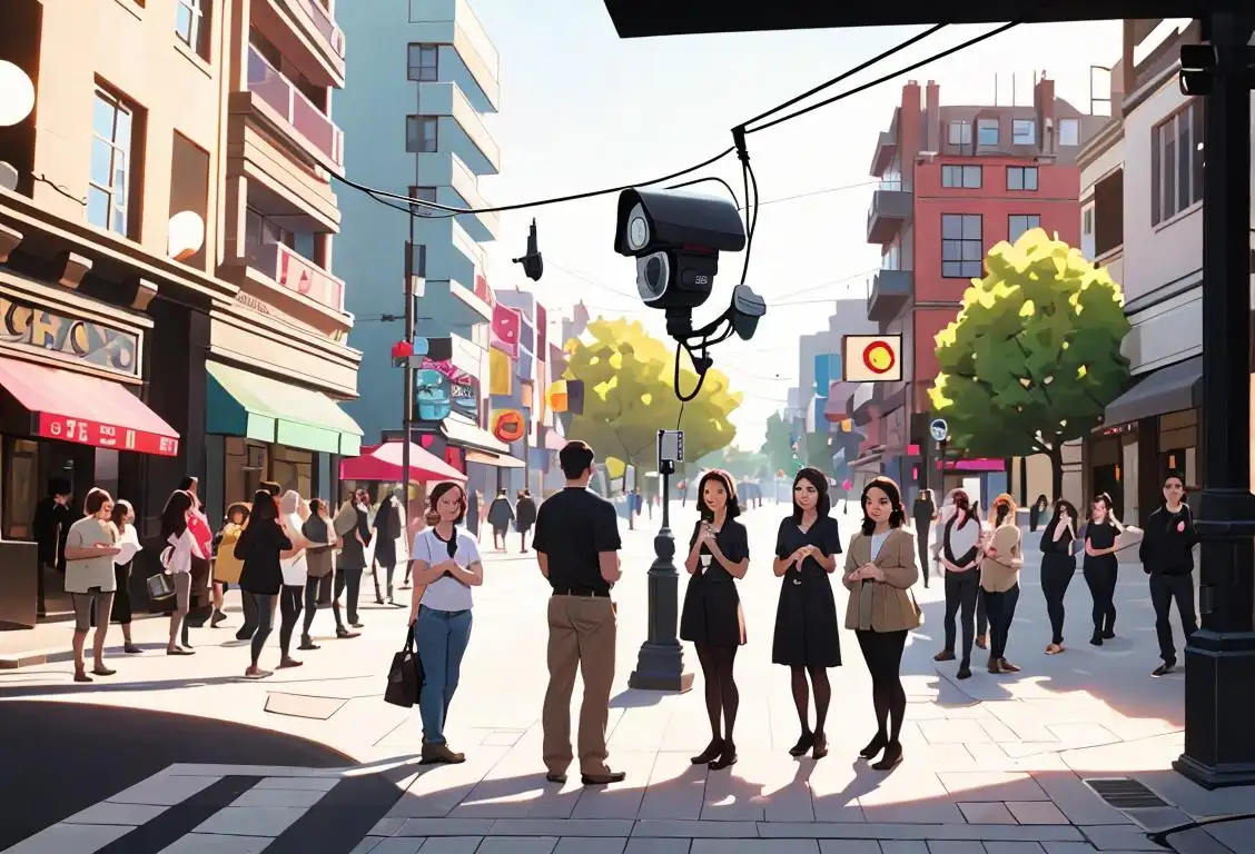 A group of diverse people standing in front of a surveillance camera, wearing casual clothing, in a bustling city street..