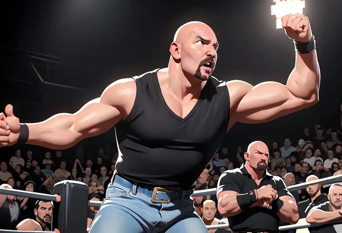 Stone Cold Steve Austin holding a championship belt, wearing his trademark black vest and jeans, in a wrestling ring surrounded by cheering fans..