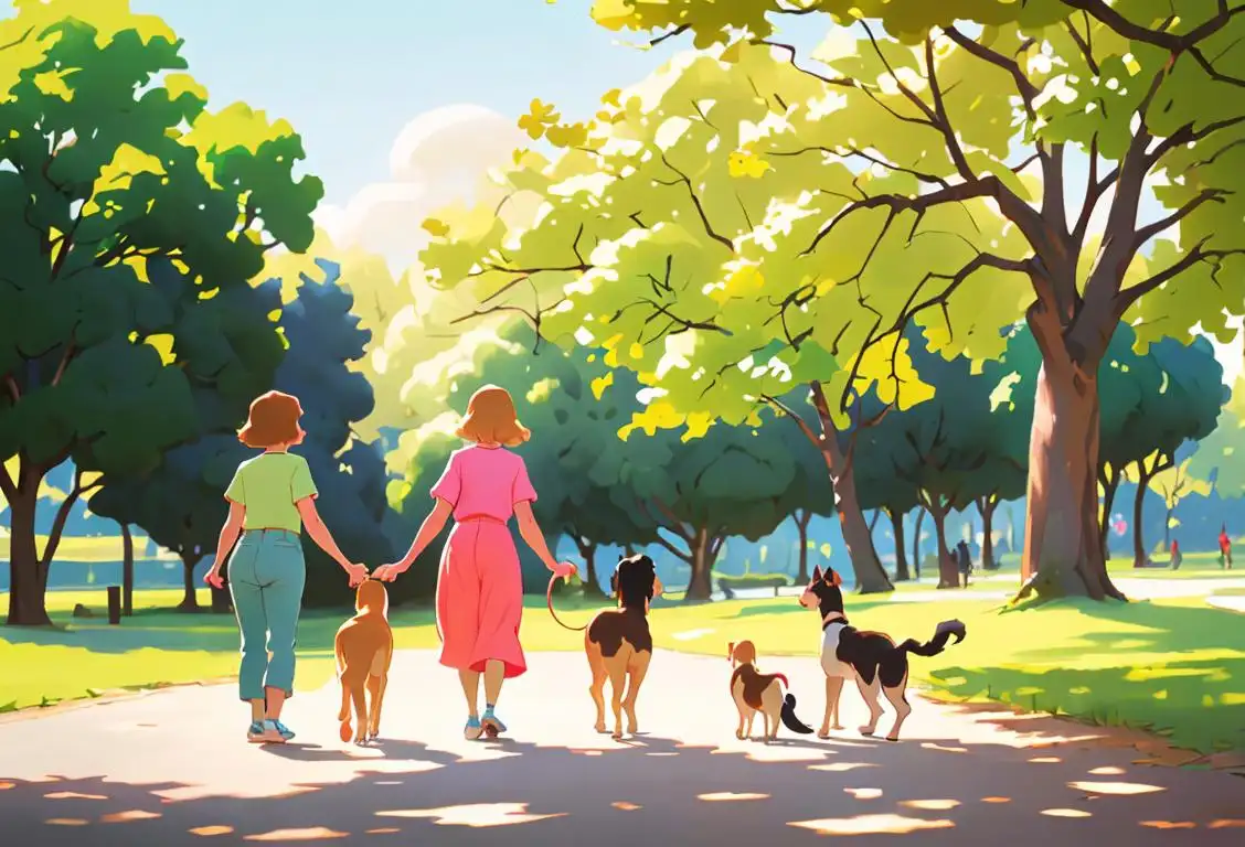 A joyful group of people of all ages and backgrounds walking together in a beautiful natural setting, wearing comfortable shoes and bright colored clothing, with their pets happily wagging their tails alongside them..