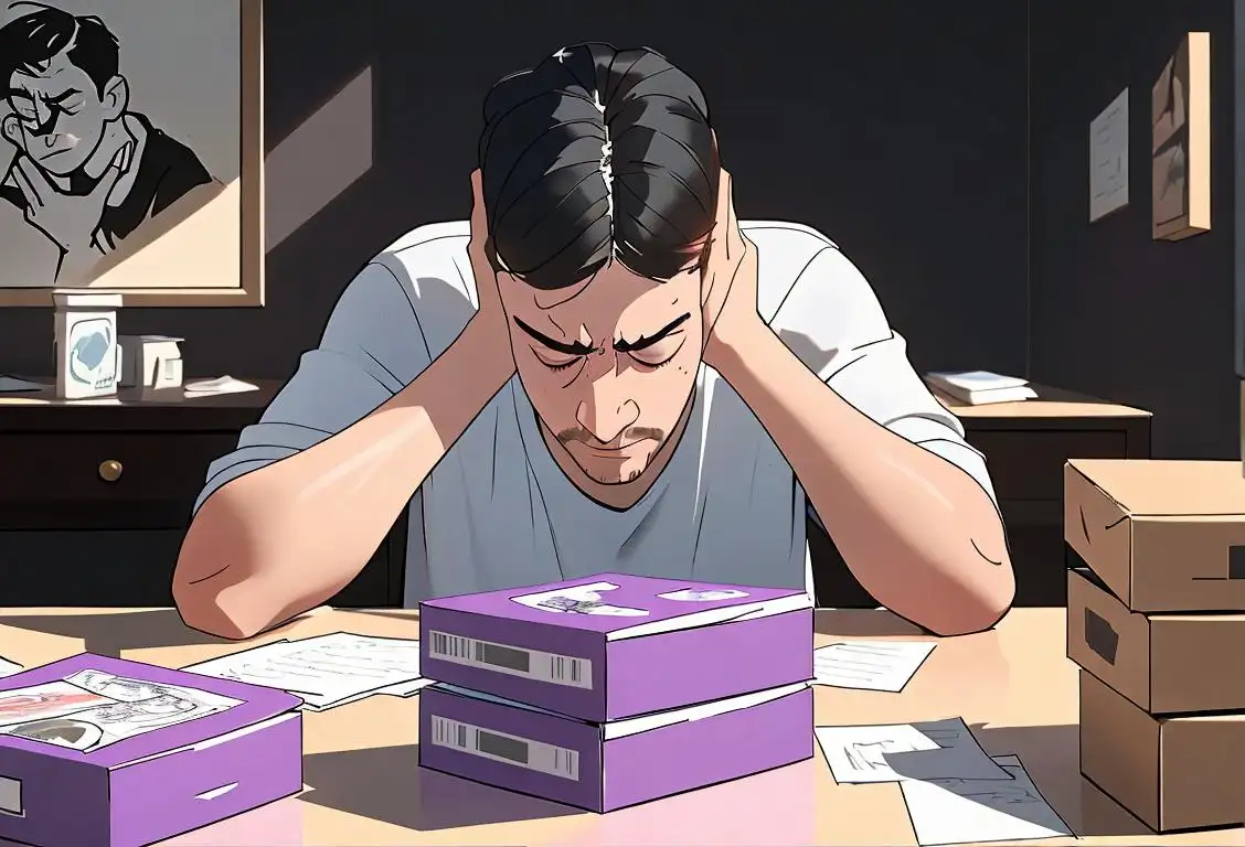 A person in casual clothes, holding their head in pain, surrounded by empty pizza boxes and a stack of aspirin on the table..