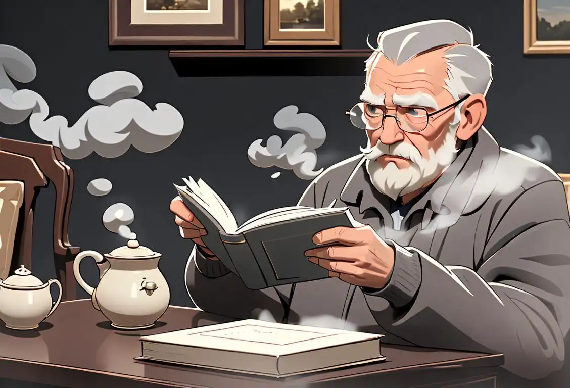 Old man with grey hair sitting in an armchair, wearing a cozy sweater and reading glasses in a cozy living room. The scene should evoke a sense of wisdom and nostalgia. Expanding criteria: Vintage bookshelf filled with classic literature, a cup of steaming hot tea on a side table, and a fireplace crackling in the background..