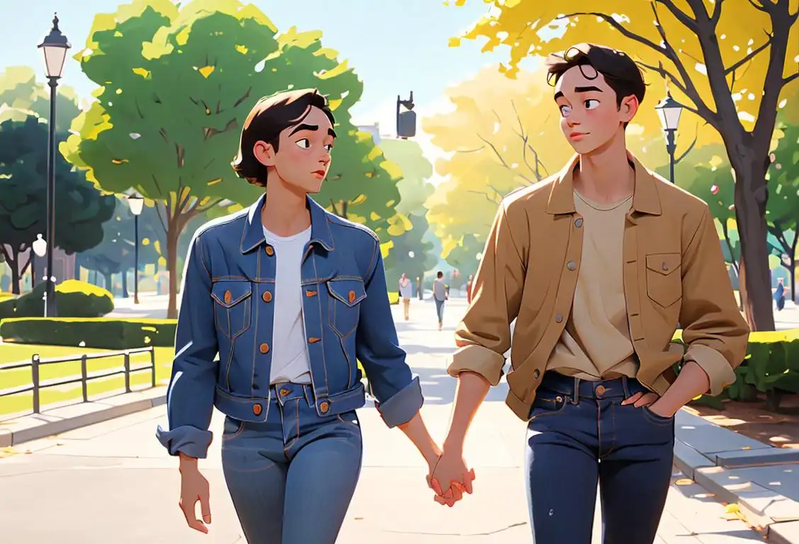 Two young individuals, one wearing a loose-fitting shirt and jeans, the other wearing a fitted jacket and sneakers, walking hand in hand through a sunny park..