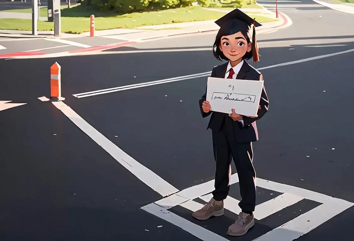 Young person, with a serene smile, wearing a graduation cap, standing on a crossroad with signposts representing various life choices..