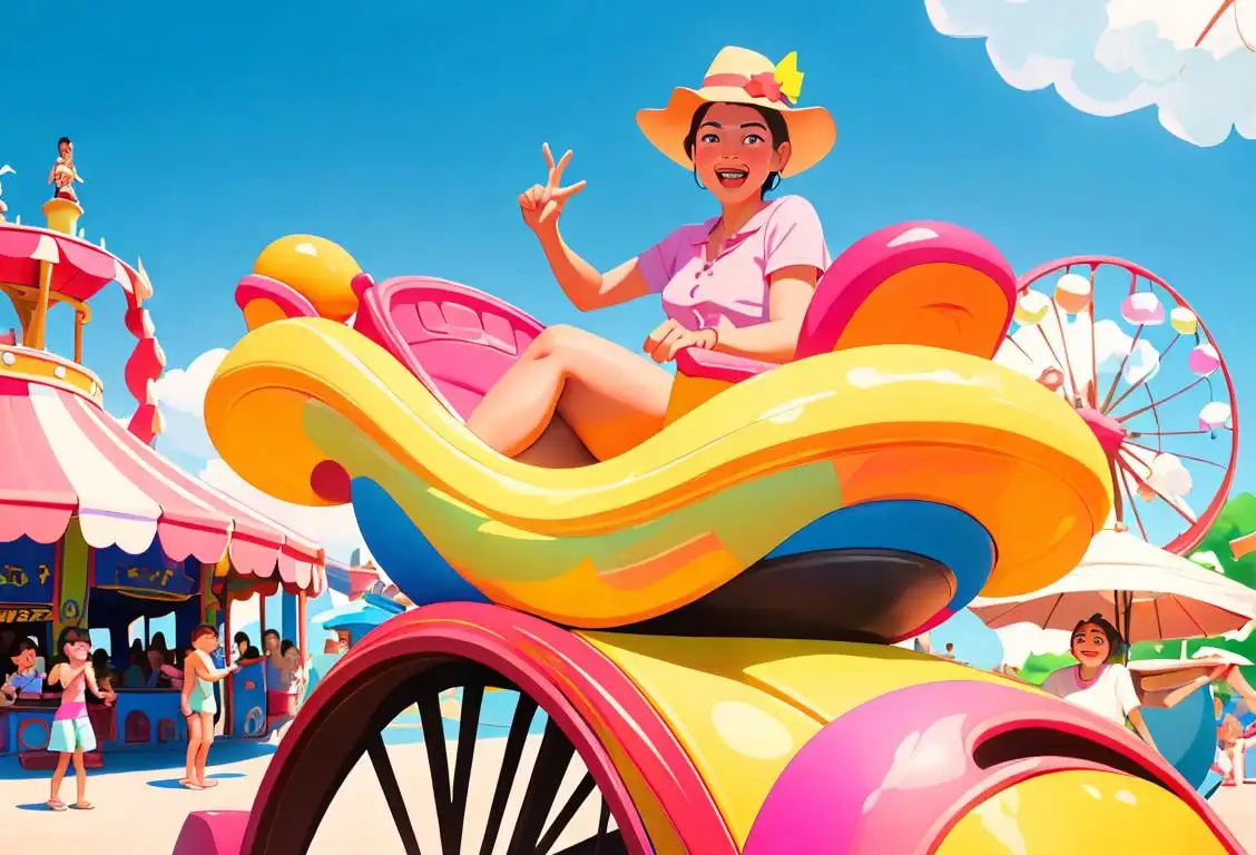 A joyful group of people, including a young woman and her uncle, enjoying a sunny day at an amusement park, wearing vibrant summer attire and surrounded by colorful rides and attractions..