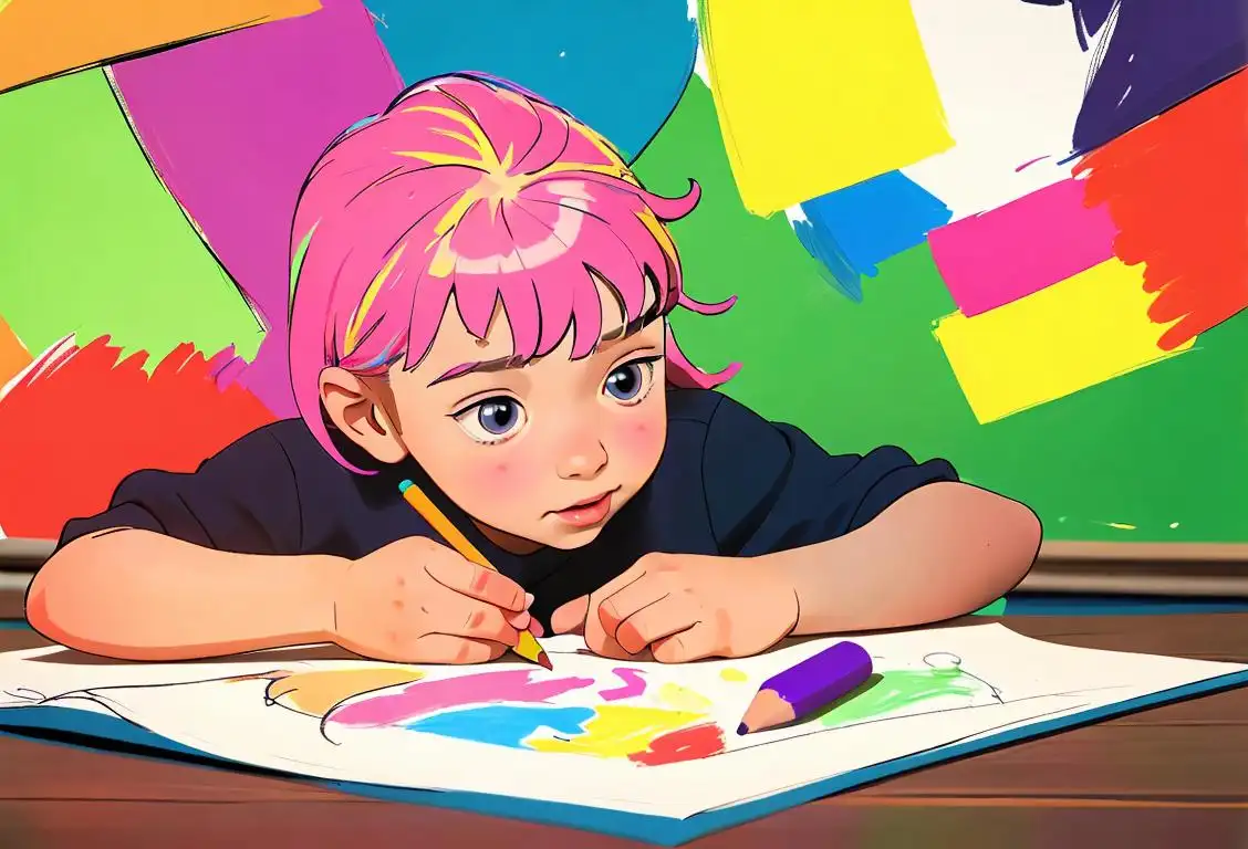 Child with colorful hands, drawing with crayons, surrounded by vibrant artwork in a classroom setting..