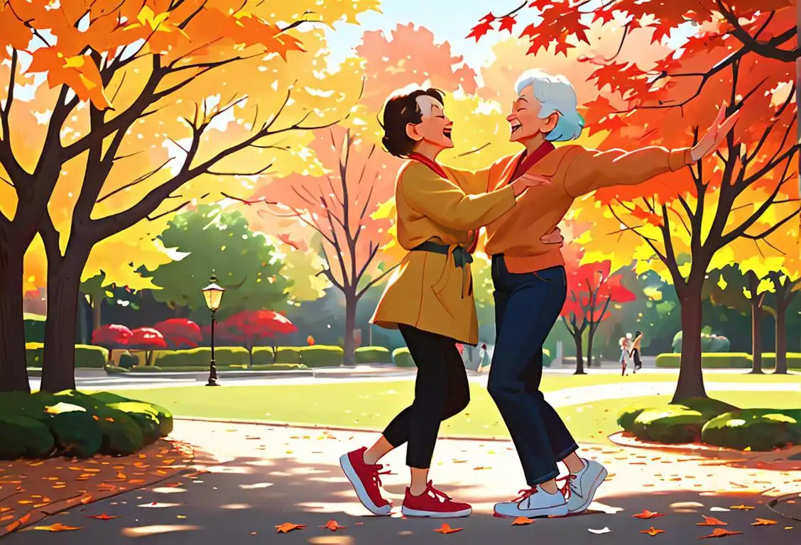 Joyful seniors gracefully dancing in a park, wearing comfortable sneakers, surrounded by colorful autumn leaves..
