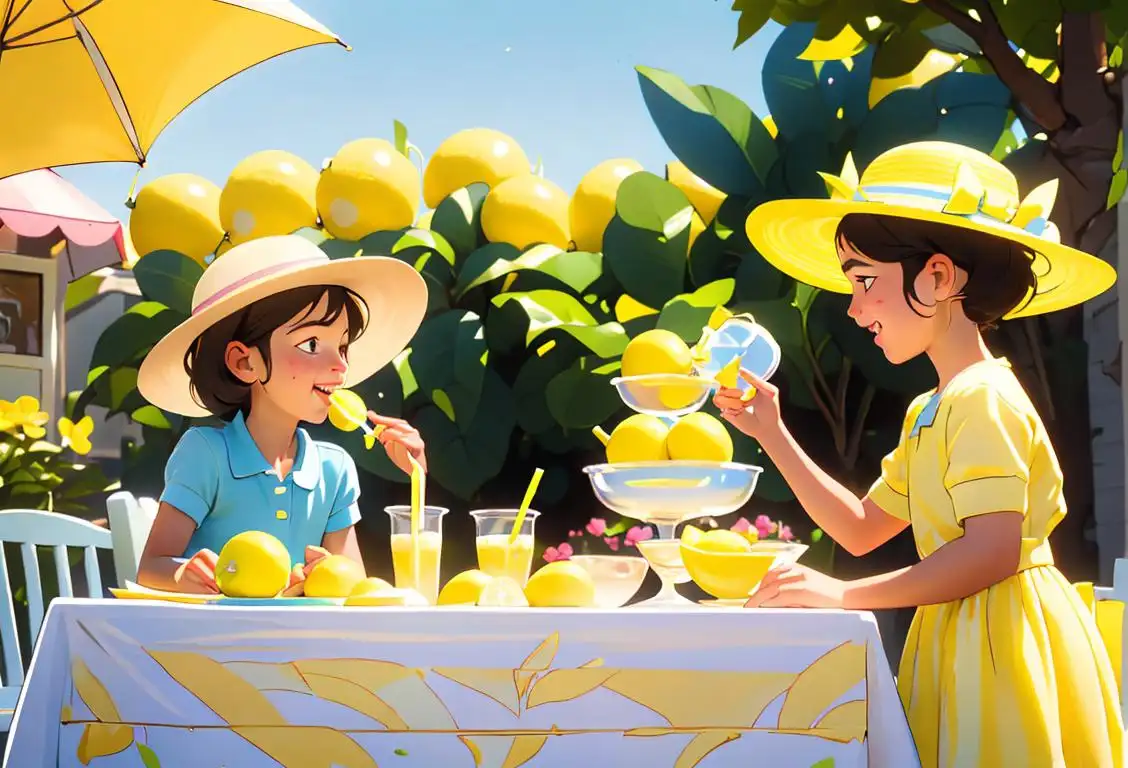 A bright and refreshing image of a lemonade stand on a sunny day, with children and families enjoying homemade lemonade. The scene is filled with laughter and joy, as people sip on their lemonade and share stories of their favorite lemony treats. Some are wearing colorful summer outfits, while others are wearing straw hats and sunglasses. Nearby, there is a zesty bake-off happening, with participants showcasing their lemon-infused creations. The aroma of lemon scented candles fills the air, creating a warm and inviting atmosphere. Capture the essence of community, celebration, and all things citric on National Lemon Day!.