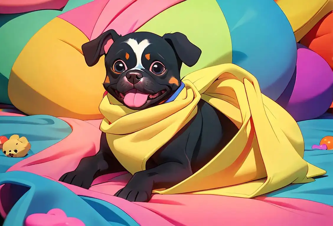 Happy dog with wagging tail, wearing a cute bandana, surrounded by colorful toys and a cozy blanket..