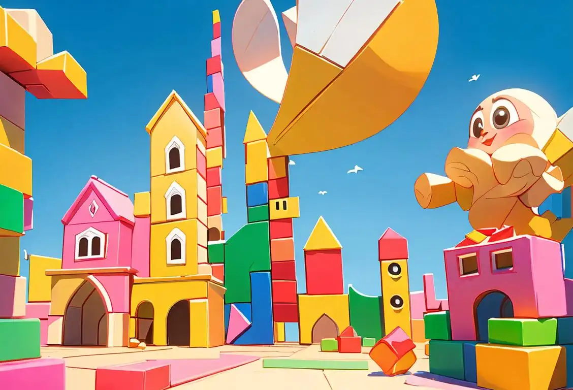 Colorful building blocks create soaring tower as family joyfully builds together in sunny playroom..