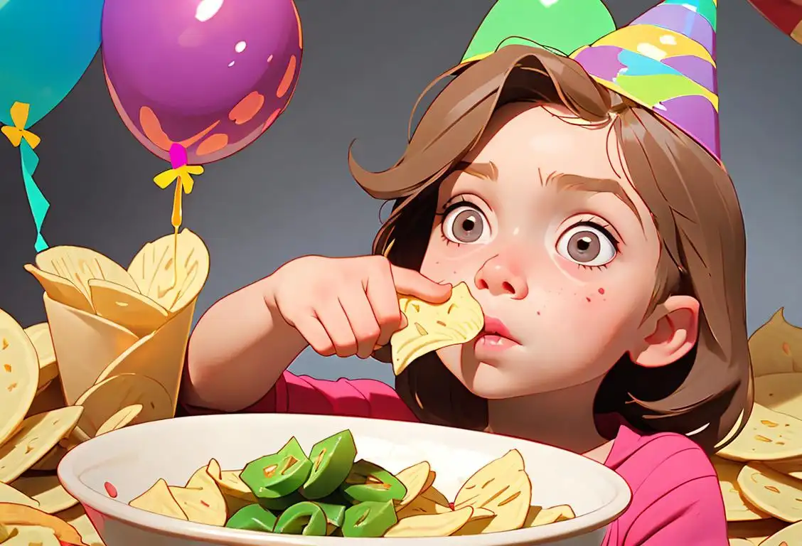 Young child dipping a chip into a bowl of flavorful dip, wearing a colorful party hat, festive decorations around..