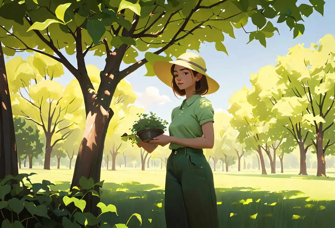Young woman planting a tree, wearing a sun hat, organic cotton clothing, lush green park setting..