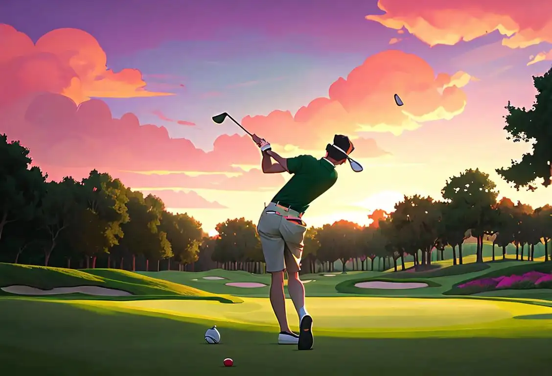 A golfer in a vibrant polo shirt, swinging a club on a lush green golf course, with a beautiful sunset in the background..