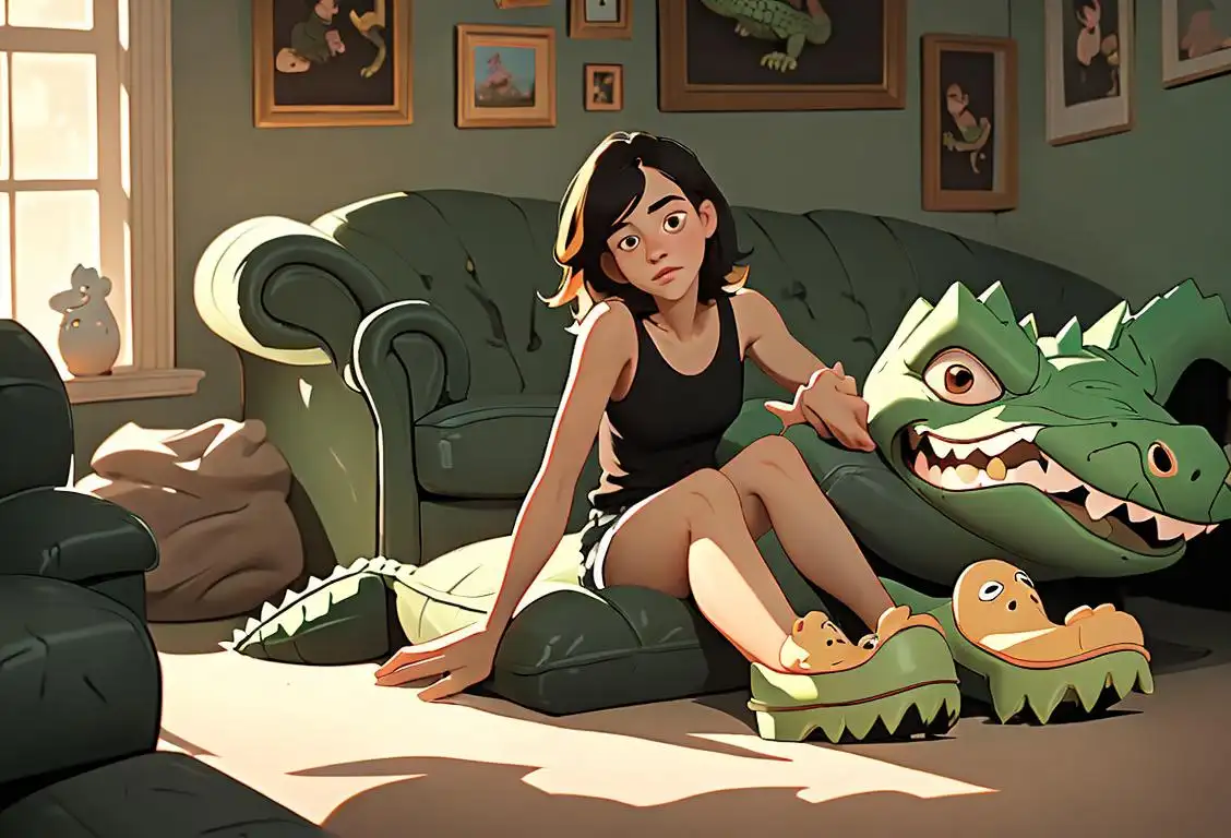 Young woman wearing comfortable, slip-on crocs, with messy hair, chilling in a cozy living room, surrounded by croc-themed decorations..