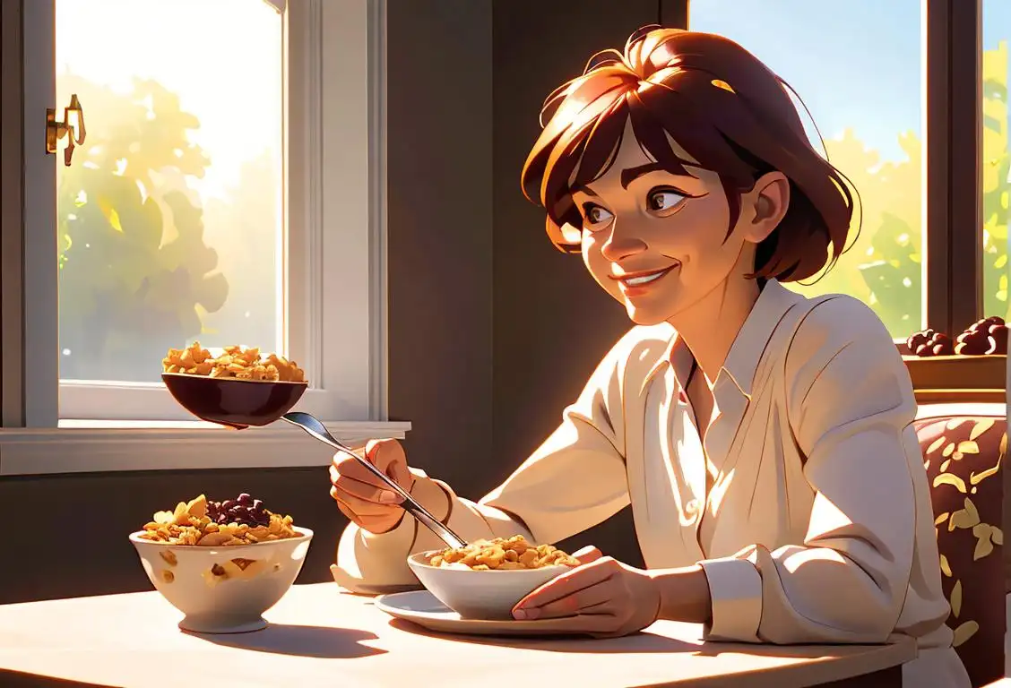 Cheerful woman enjoying a bowl of Raisin Bran cereal, sitting at a cozy breakfast table with sunlight streaming through the window..
