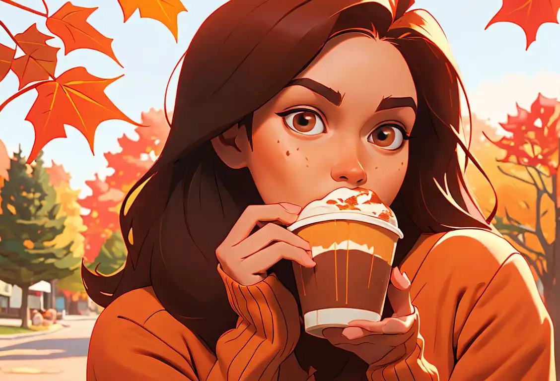 Young woman enjoying a pumpkin spice latte, cozy fall sweater, autumn leaves in the background..