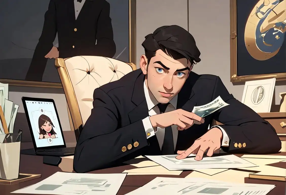 Young entrepreneur sitting at a desk, wearing a suit, with a laptop and a pile of money..