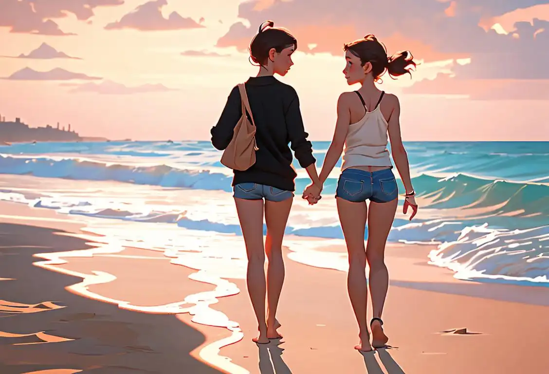 Two people holding hands, walking along a sandy beach at sunset, wearing matching friendship bracelets and casual beach attire..