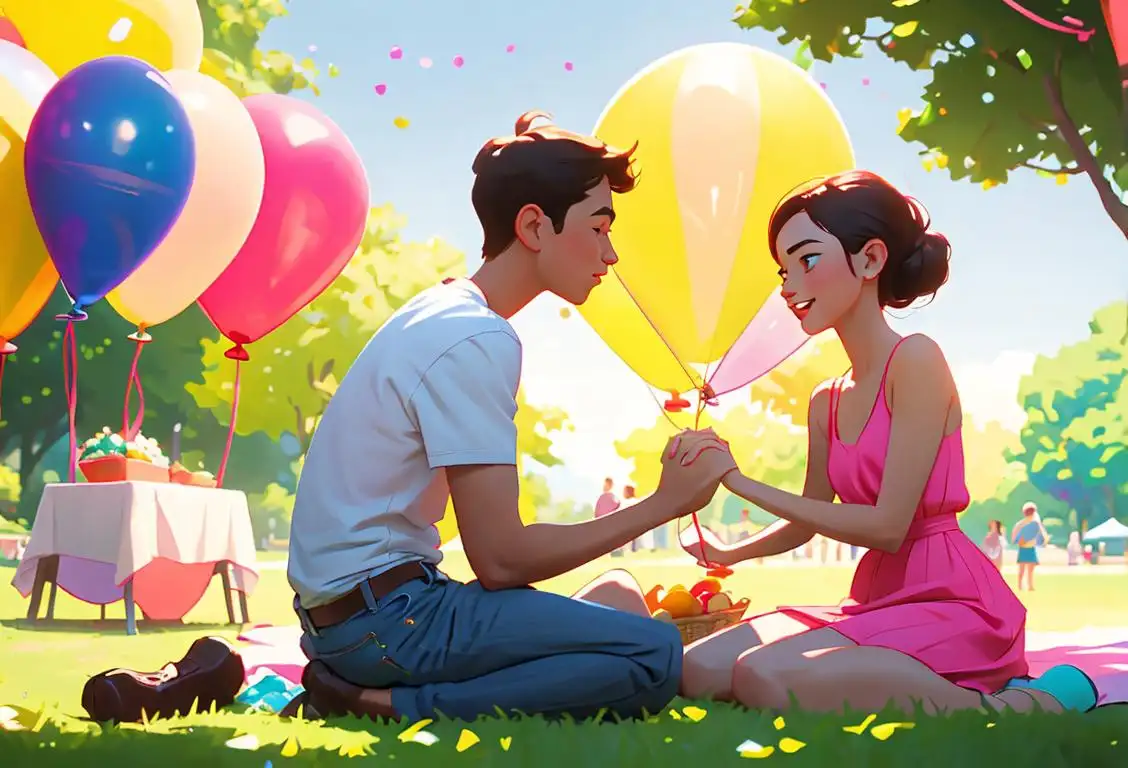 Young couple in a park, holding hands, enjoying a picnic, dressed in vibrant summer fashion, surrounded by colorful balloons..