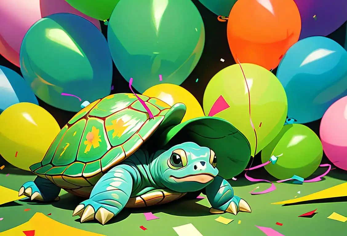 Adorable turtle wearing a tiny party hat, surrounded by colorful confetti and balloons, in a lush green garden..