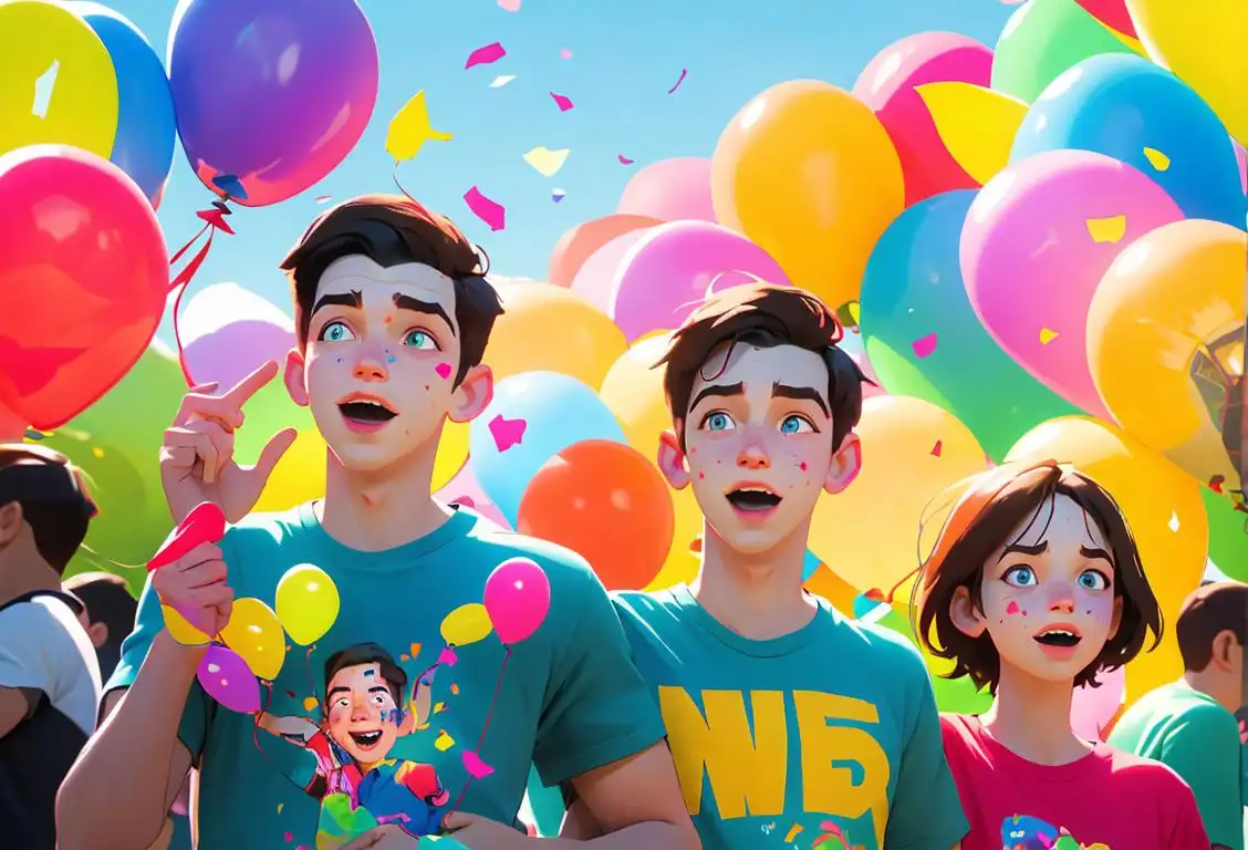 A group of people named Josh happily celebrating National Josh Day, wearing colorful t-shirts, in a park with balloons and confetti..