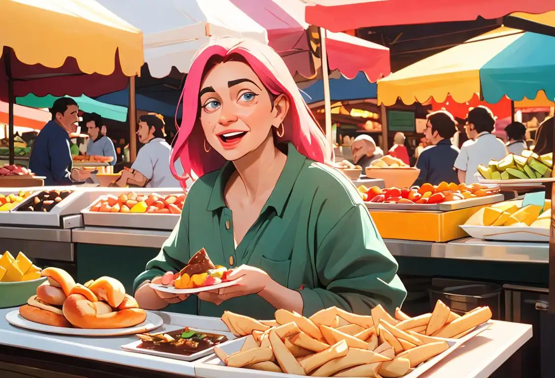 Happy person indulging in a buffet of food, wearing loose clothes, surrounded by a vibrant food market scene..