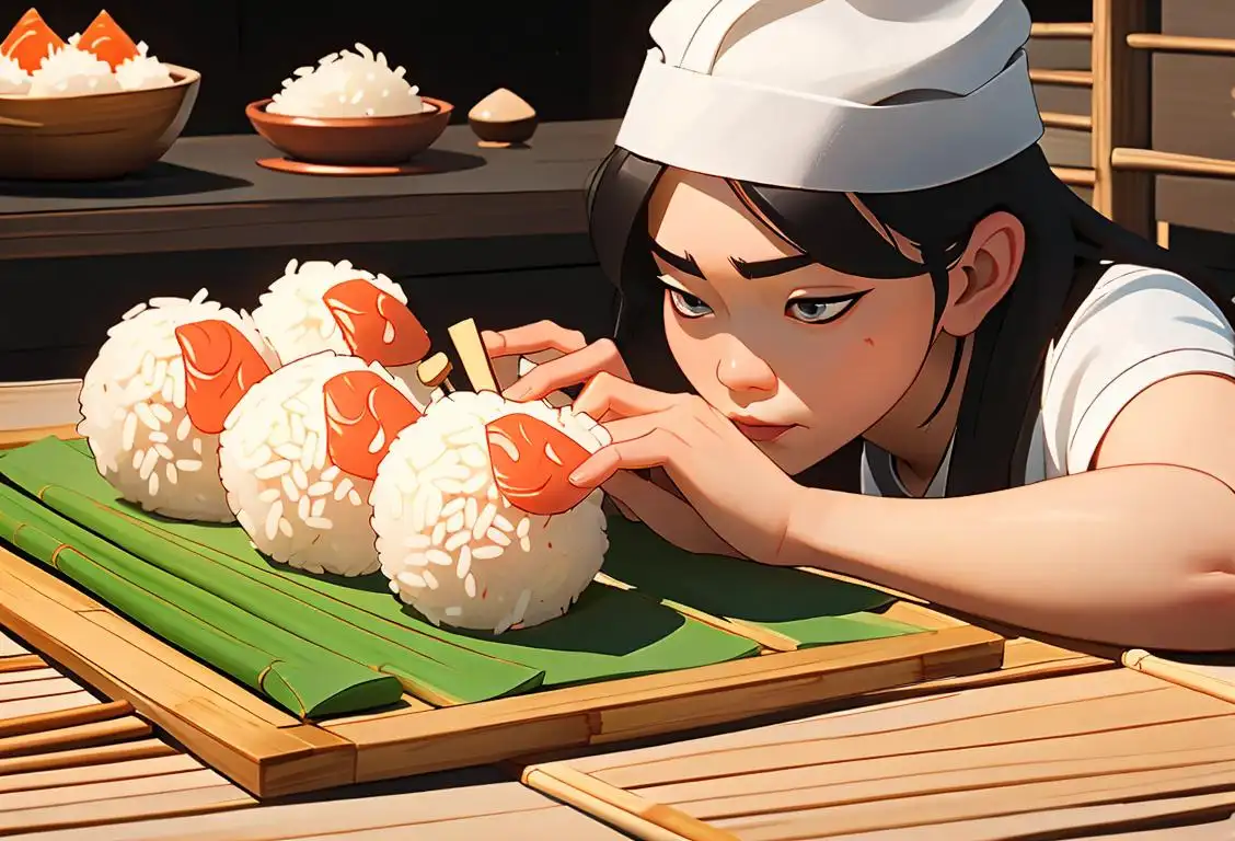 A person using a bamboo mat to make rice balls, wearing a chef's hat, preparing sushi. Japanese kitchen scene..