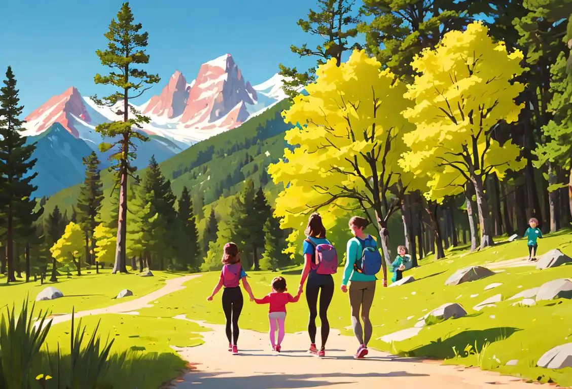 Young family hiking in a national park, wearing colorful activewear, surrounded by towering trees and majestic mountains..