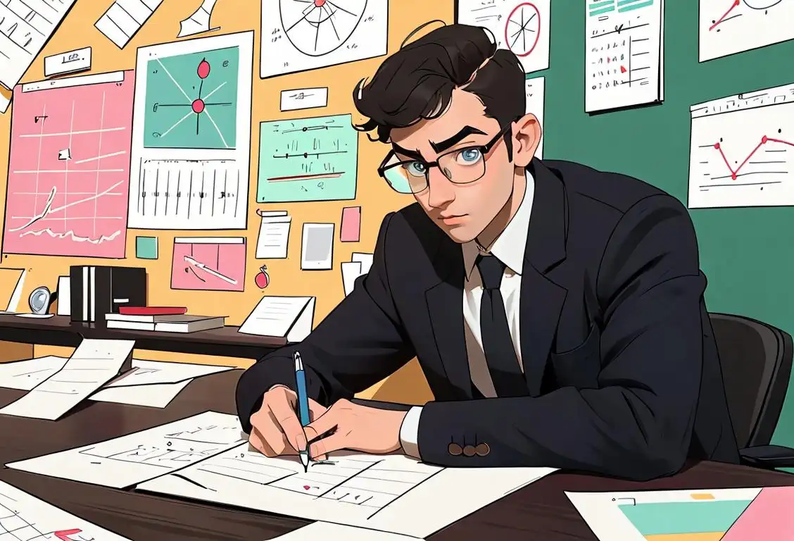 Young man sitting at a desk, wearing glasses, holding a pen, surrounded by whiteboards and charts, strategy and planning vibes..