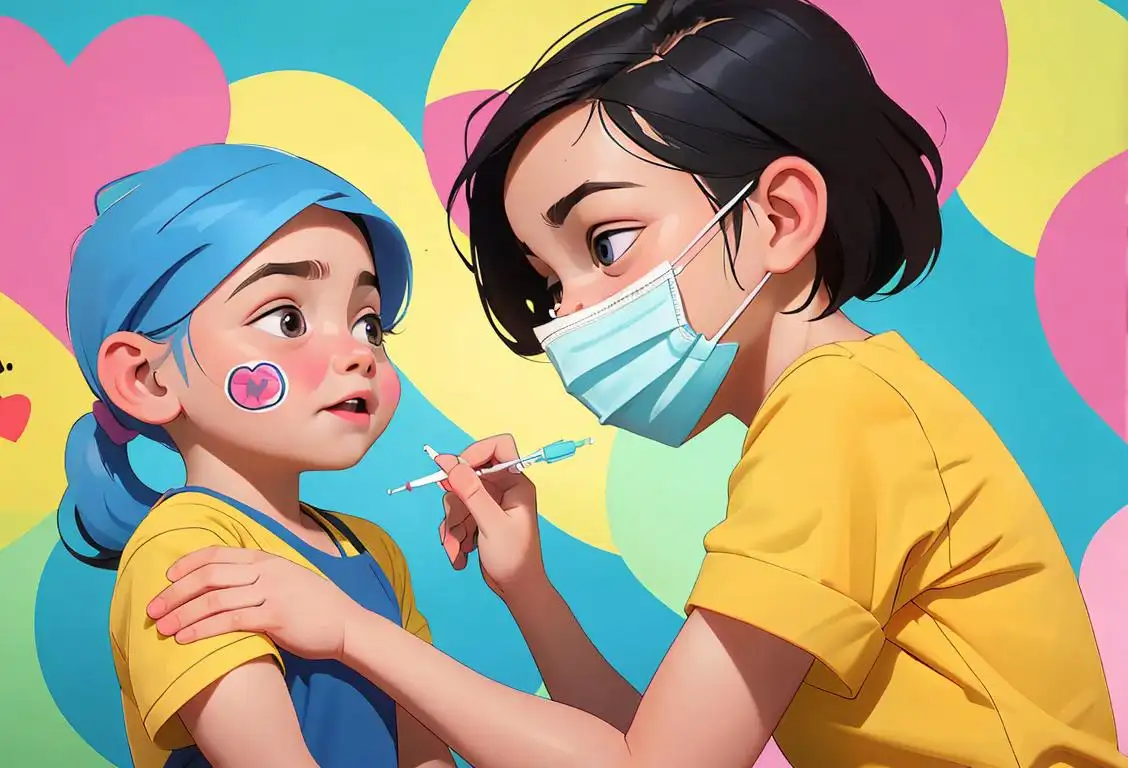 Young child receiving a vaccine shot from a friendly nurse, colorful stickers on the walls, cheerful medical environment..