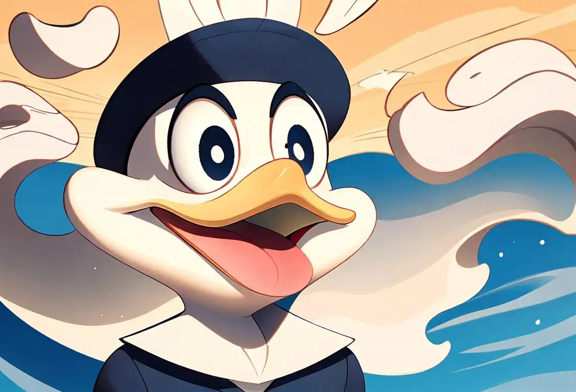 A person wearing a sailor hat, laughing with tears rolling down their cheeks, surrounded by cartoon speech bubbles filled with 'quack' sounds..