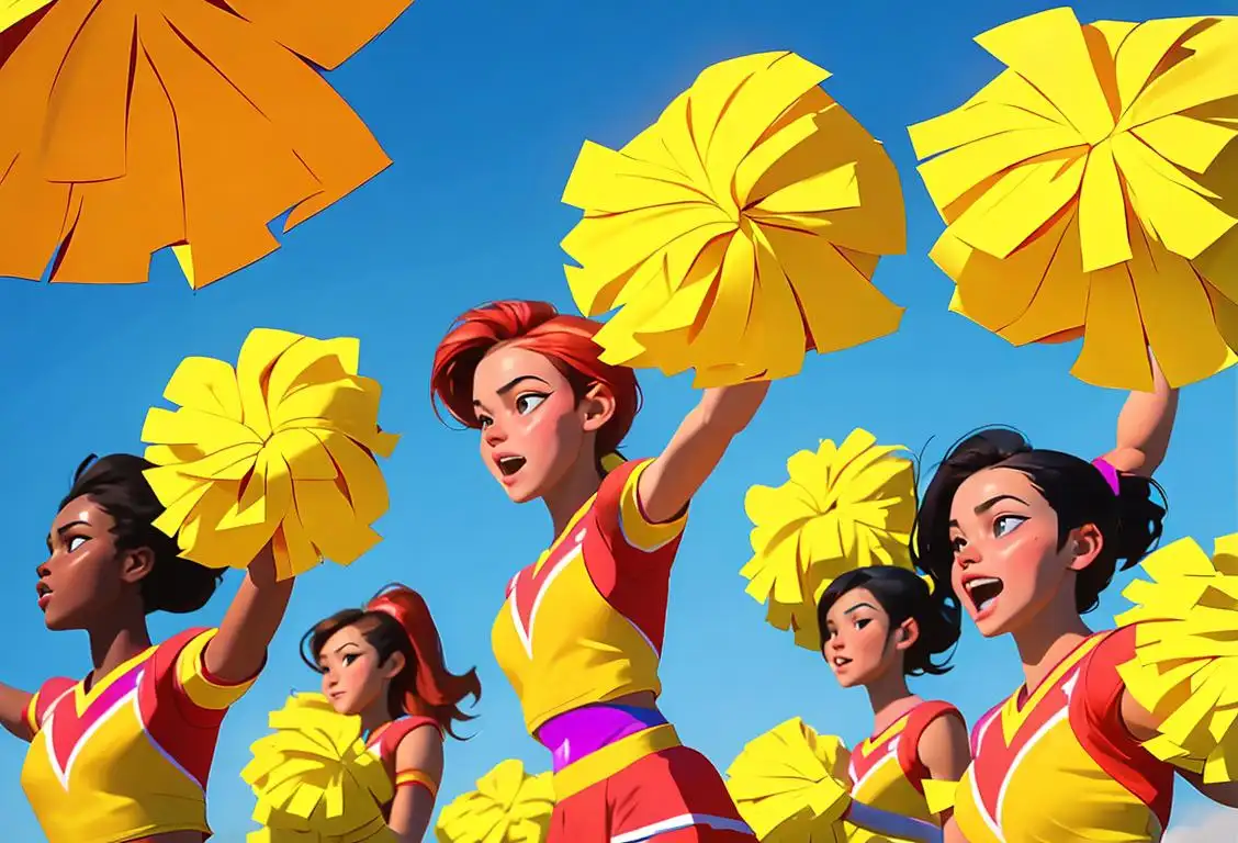 A group of cheerleaders in colorful uniforms and pom-poms, high-fiving and cheering on a sunny football field, capturing the essence of National Allstar Cheer Day..