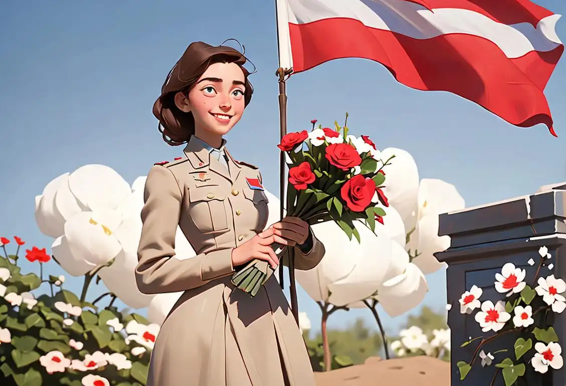 A smiling young woman, dressed in a military-inspired outfit, holding a bouquet of red, white, and blue flowers, standing in front of an American flag..