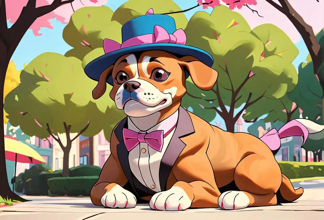 Cute dog wearing a bow tie or a stylish hat, surrounded by colorful clothes and accessories, in a trendy park or fashion boutique..