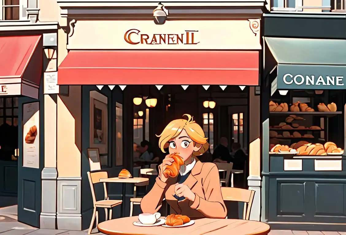 A person taking a bite of a croissant at a charming outdoor French cafe, surrounded by a cozy Parisian street scene..