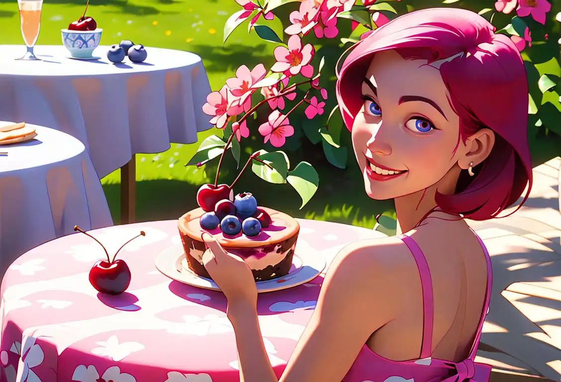 Cheerful person enjoying a blueberry cheesecake cherry dessert at a sunny outdoor picnic, wearing a sundress with a floral pattern, surrounded by colorful flowers..