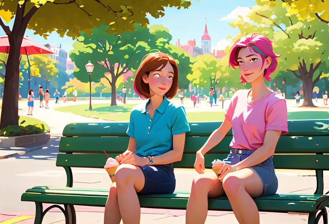 Two best friends, Jill and Sophie, sitting on a park bench, enjoying ice cream cones with colorful toppings. Sunny day, urban park setting, casual summer outfits..