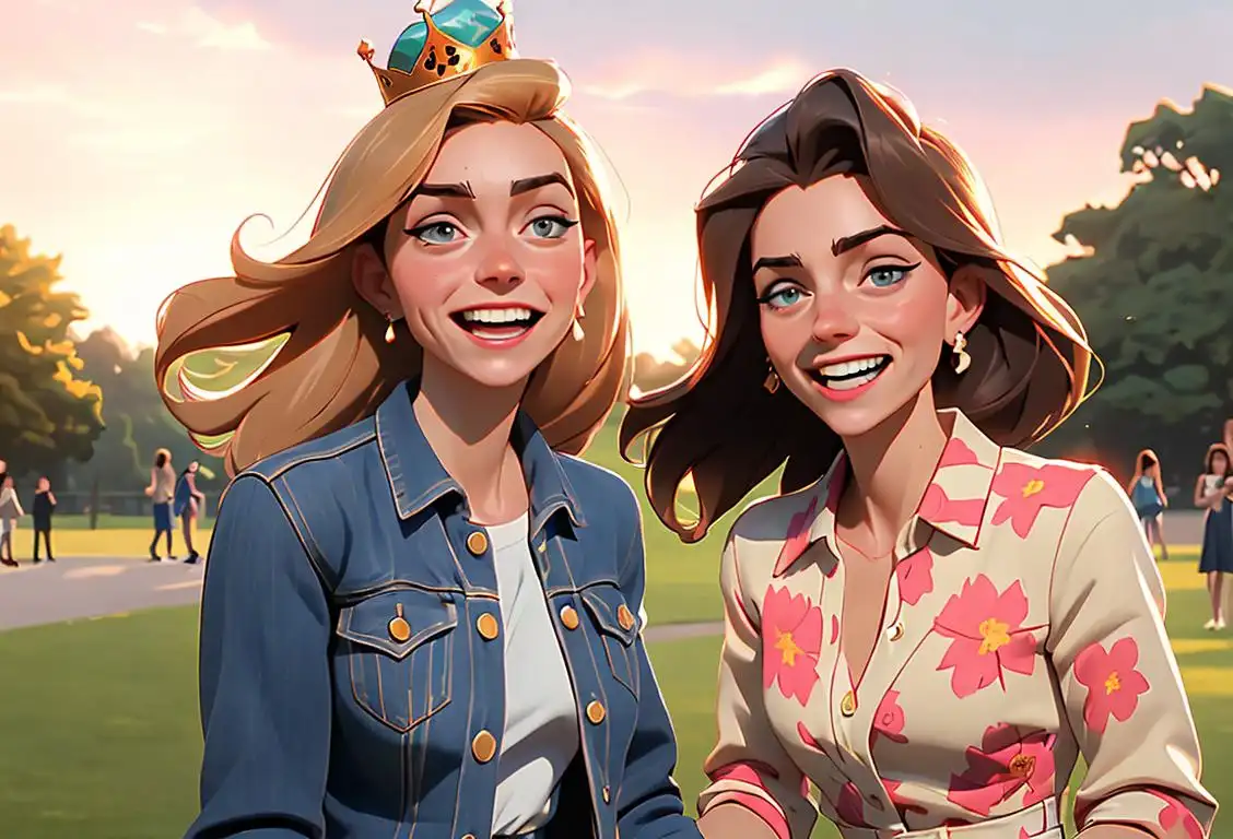 Group of people named Kate, Katie, and Katelyn wearing crown headbands, smiling and laughing, using social media together. They are depicted in a park setting with a beautiful sunset, and wearing stylish and trendy clothing such as floral dresses and denim jackets..