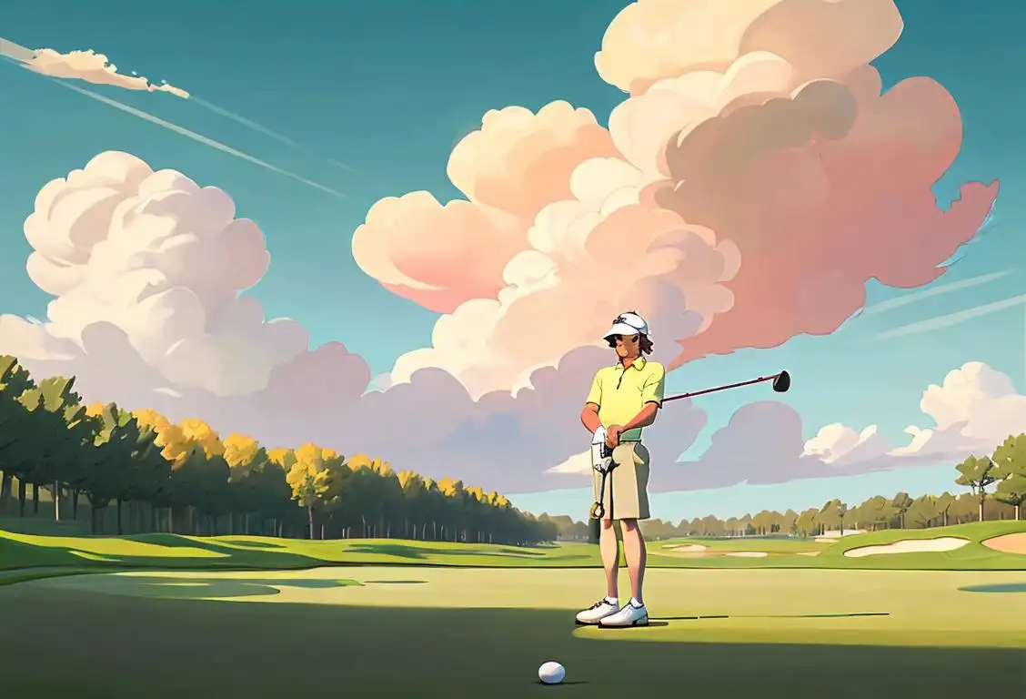 A golfer standing on a green golf course, wearing a visor, preppy fashion, sunny skies and scattered clouds in the background..
