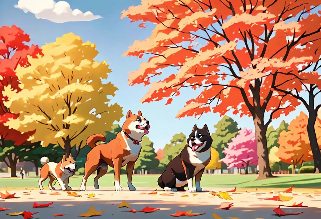 A joyful Akita dog playing in a sunny park, surrounded by colorful autumn leaves and a group of smiling children in casual clothing..
